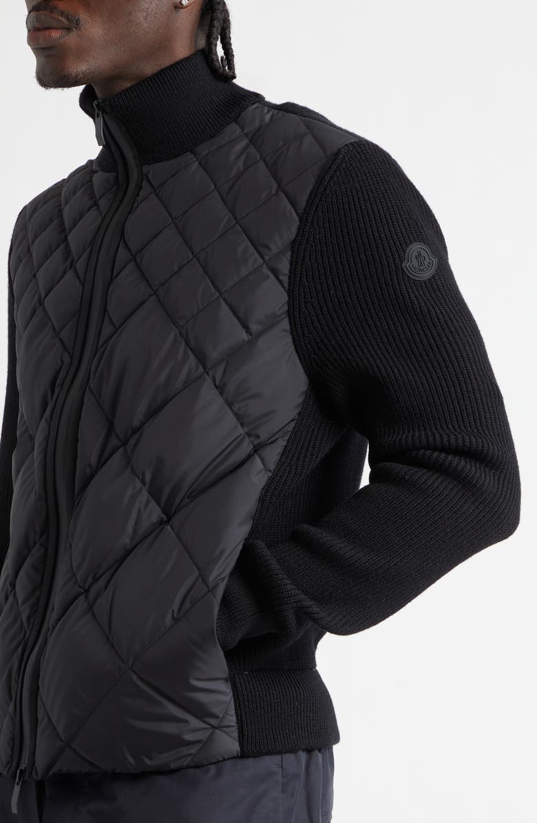 Moncler Hybrid Quilted Down Fill & Wool Cardigan, Alternate, color, Black