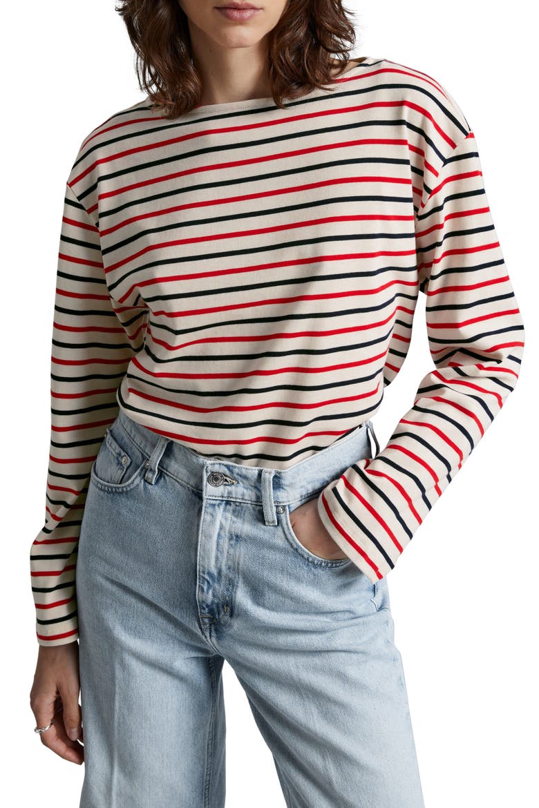 Stripe Long Sleeve Cotton Top, Main, color, OFFWHITE/RED/NAVY STRIPE