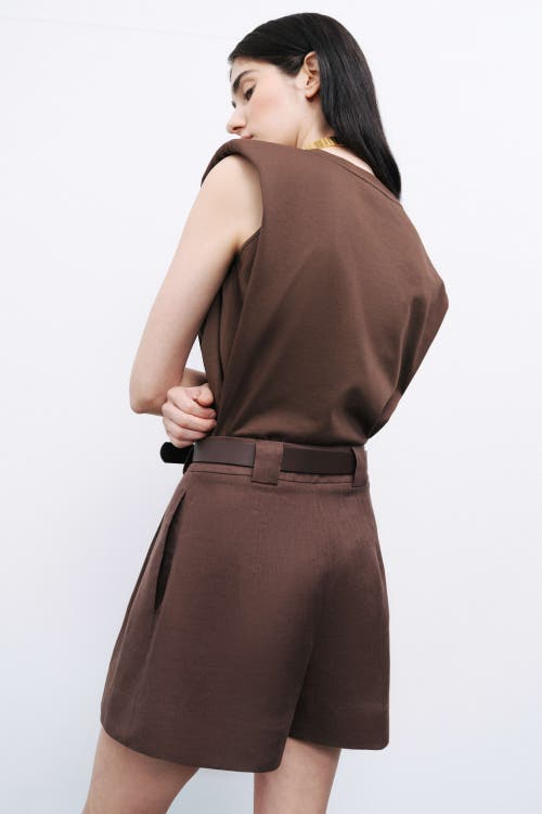 Nocturne Belted Linen Mini Shorts In Dark Brown
