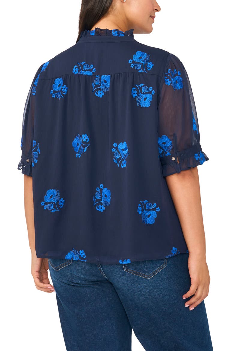Ruffled V-Neck Elbow Sleeve Button Down Shirt, Alternate, color, CLASSIC NAVY