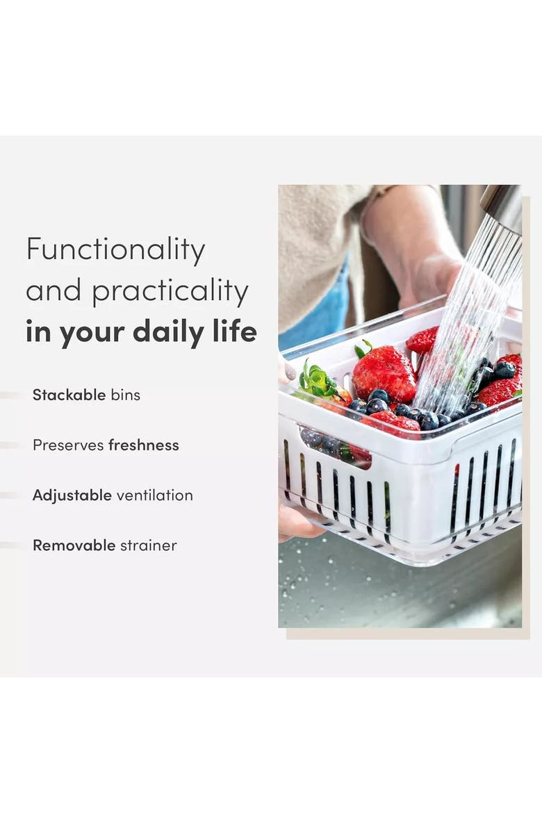 Clear Stackable Fridge Organizer Bin with Drain Basket and Vented Lid, 4 Pack, Alternate, color, Clear with White Drainer
