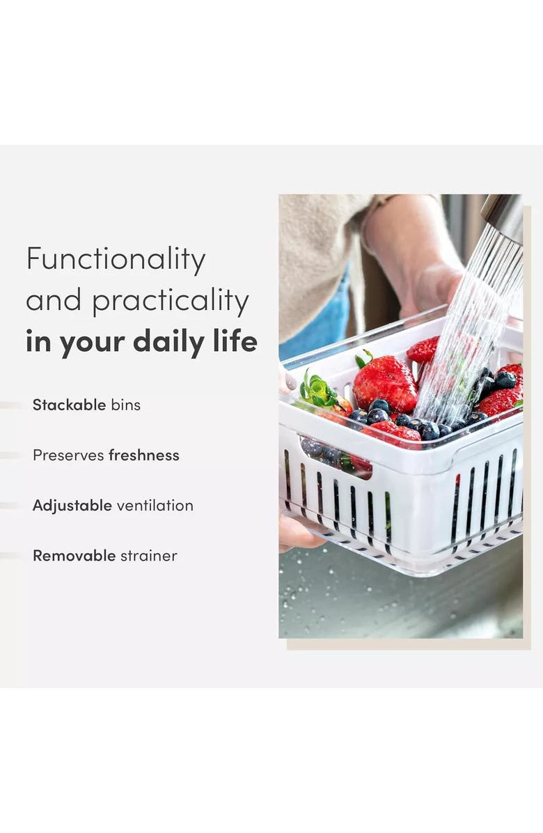 OU Clear Stackable Fridge Organizer Bin with Drain Basket and Vented Lid, 4 Pack, Alternate, color, Clear With White Drainer