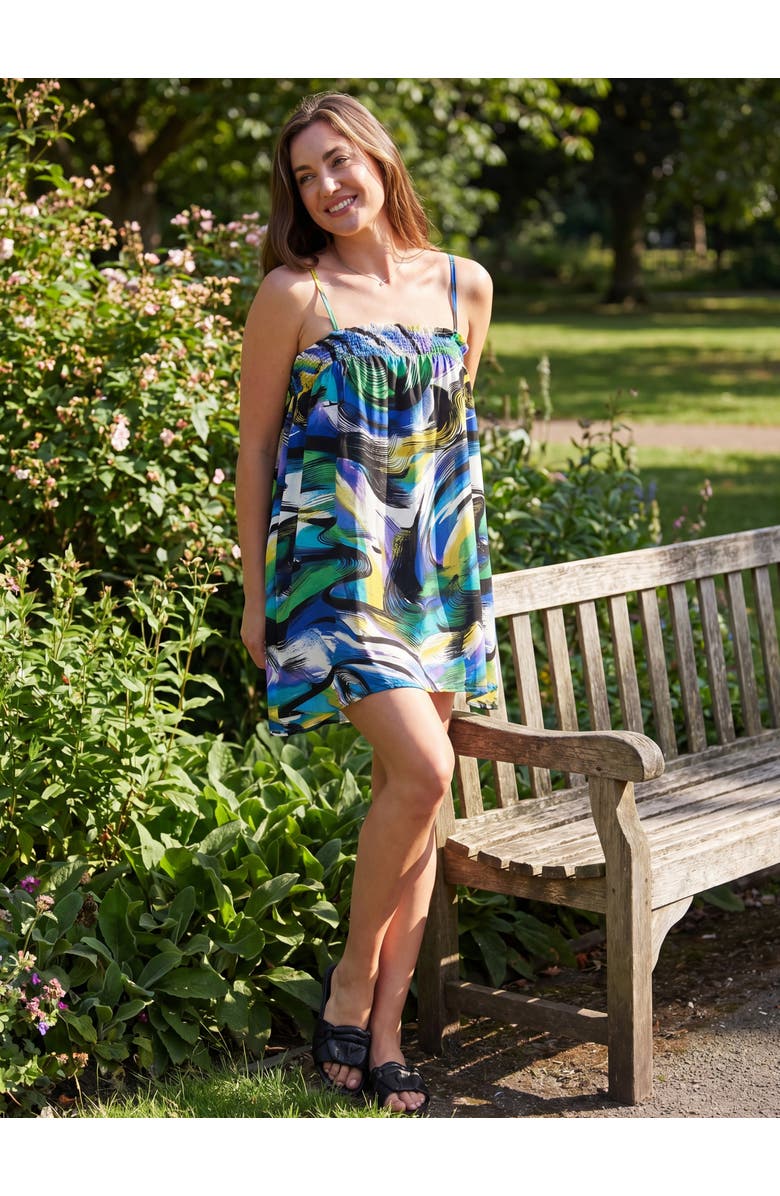 24seven Comfort Apparel Womens Essential Abstract Print Spaghetti Strap Smocked A-Line Pocket Mini Dress, Alternate, color, Blue Multi