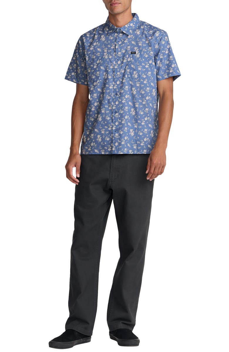 RVCA Breezy Floral Short Sleeve Button-Up Shirt, Alternate, color, Vintage Blue