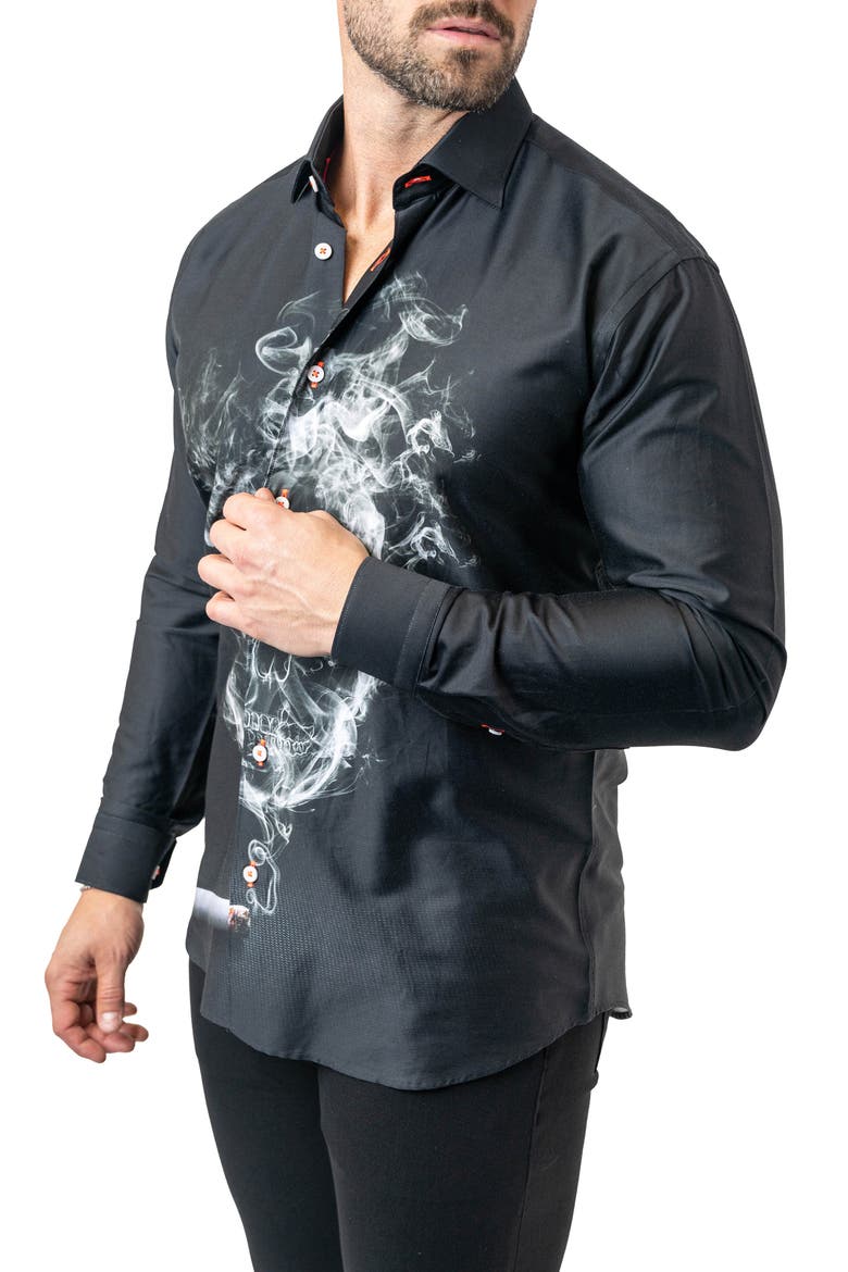 Fibonacci Skull Smoke Cotton Button-Up Shirt, Alternate, color, BLACK
