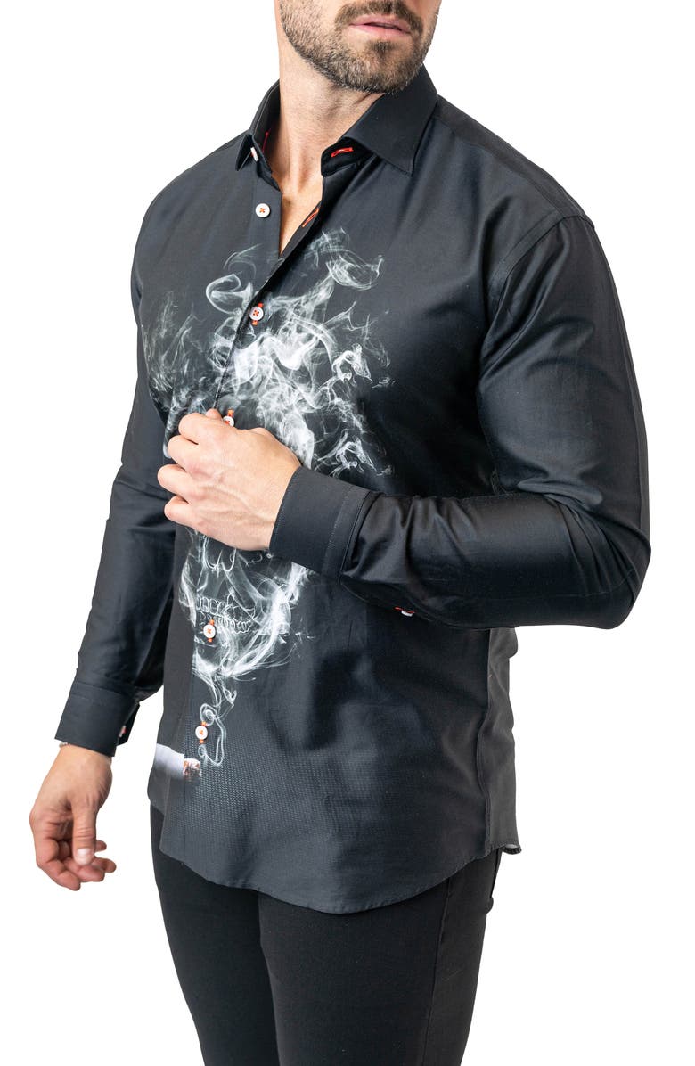 Maceoo Fibonacci Skull Smoke Cotton Button-Up Shirt, Alternate, color, Black