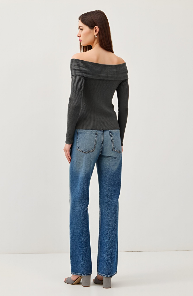 Modenaire Ribbed Button-Up Long Sleeve Top with Roll Shoulder Detail, Alternate, color, 