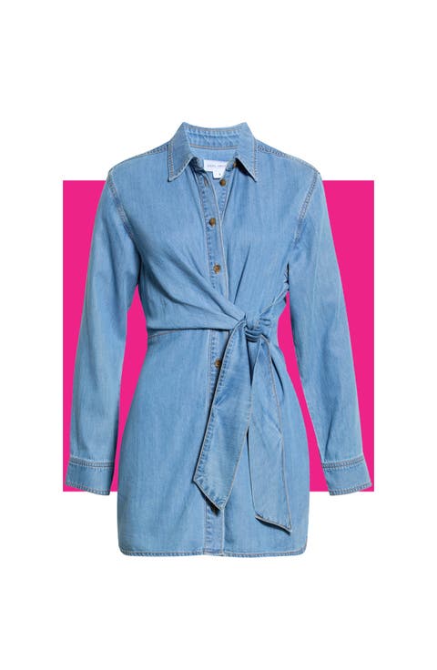 Tie Waist Denim Mini Shirtdress