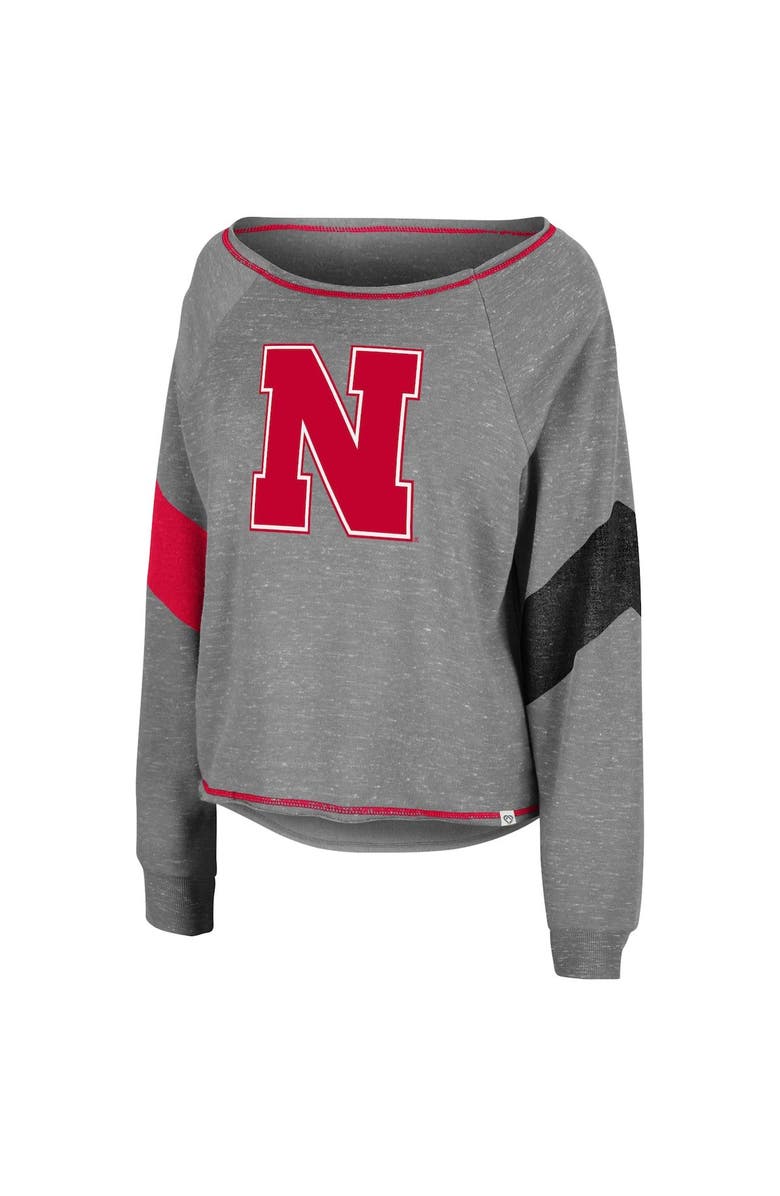 COLOSSEUM Women's Colosseum Heathered Gray Nebraska Huskers Amped Chevron Stripe Raglan Boat Neck Pullover Sweatshirt, Alternate, color, 