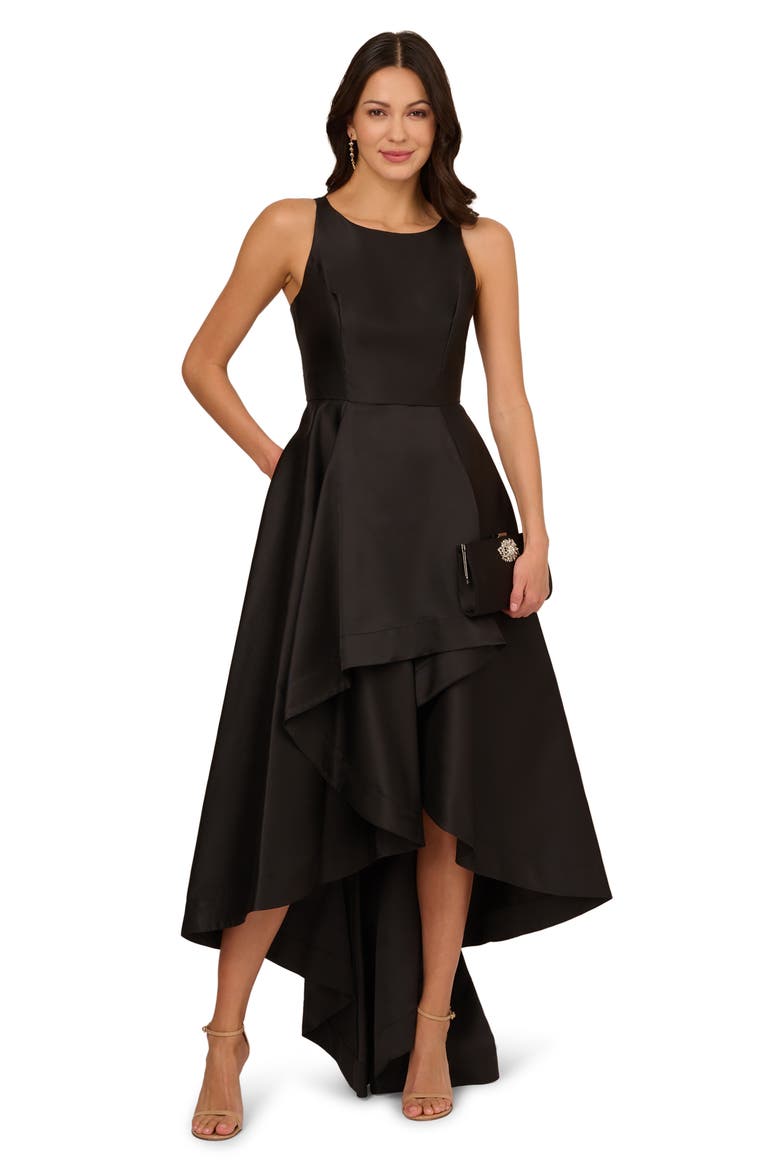 Mikado High/Low Sleeveless Gown, Alternate, color, BLACK