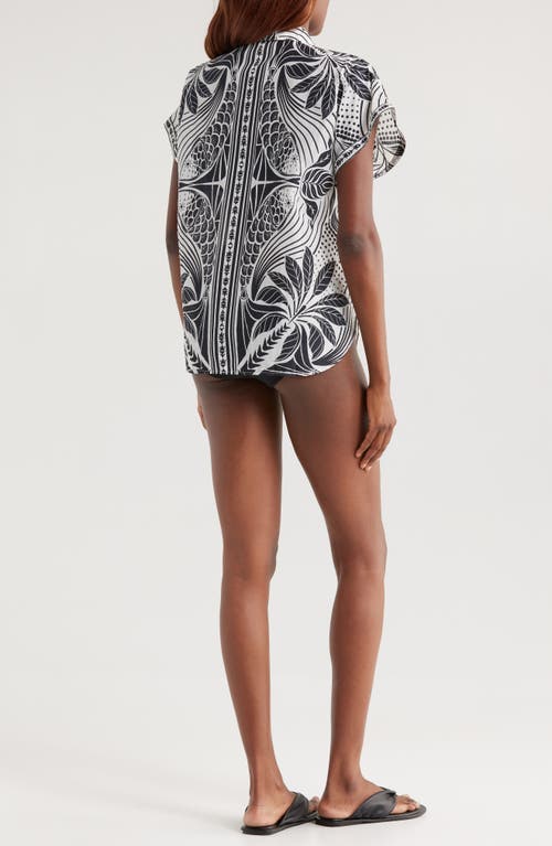 Farm Rio Monochrome Elegance Scarf Cover-up Shirt In Off-white