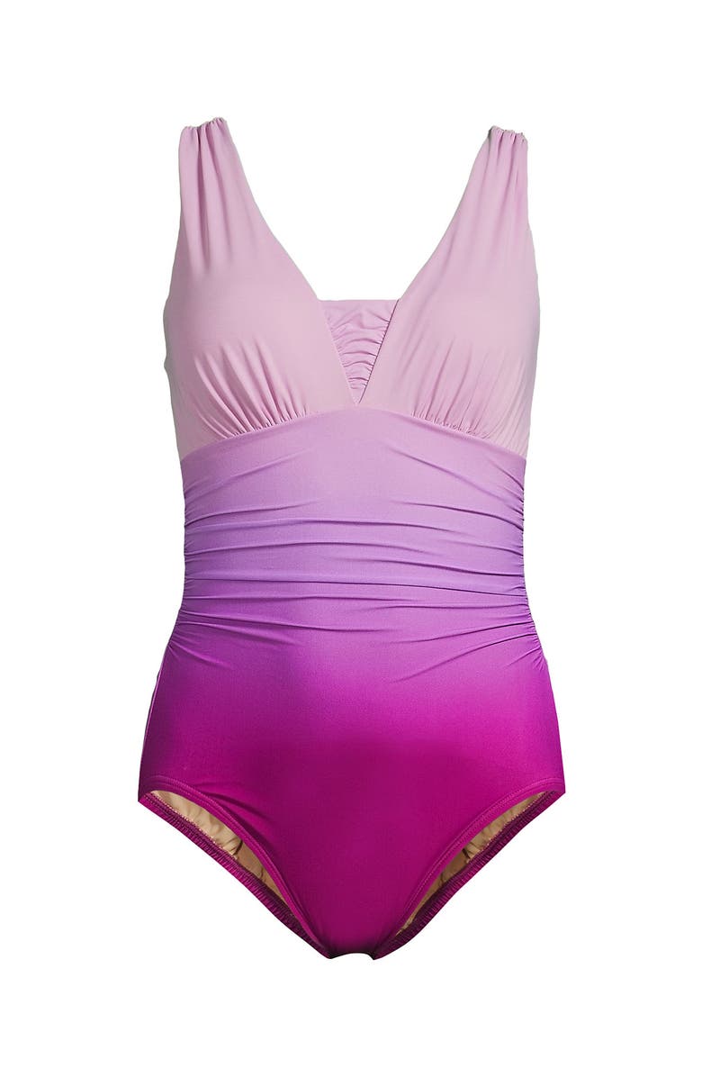 Lands
 End SlenderSuit Grecian Tummy Control Chlorine Resistant One Piece Swimsuit, Alternate, color, Crimson Rose/Purple Ombre