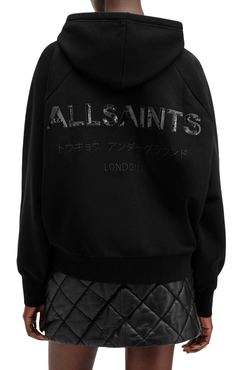 AllSaints Talon Underground Sequin Logo Hoodie, Alternate, color, Black