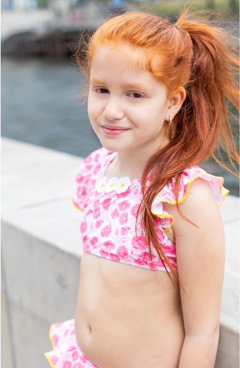 NESSI BYRD Floral Ruffle with 3D Crochet Flowers Two Piece Bikini, Alternate, color, Pink