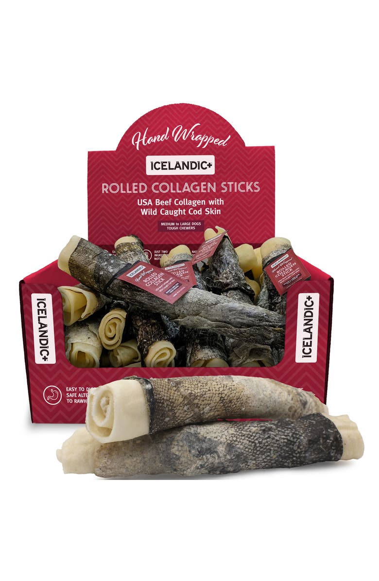 ICELANDIC+ 8 Inch Rolled Collagen Stick Beef and Cod Skin, 18 Pack Dog Treat, Main, color, Multicolored