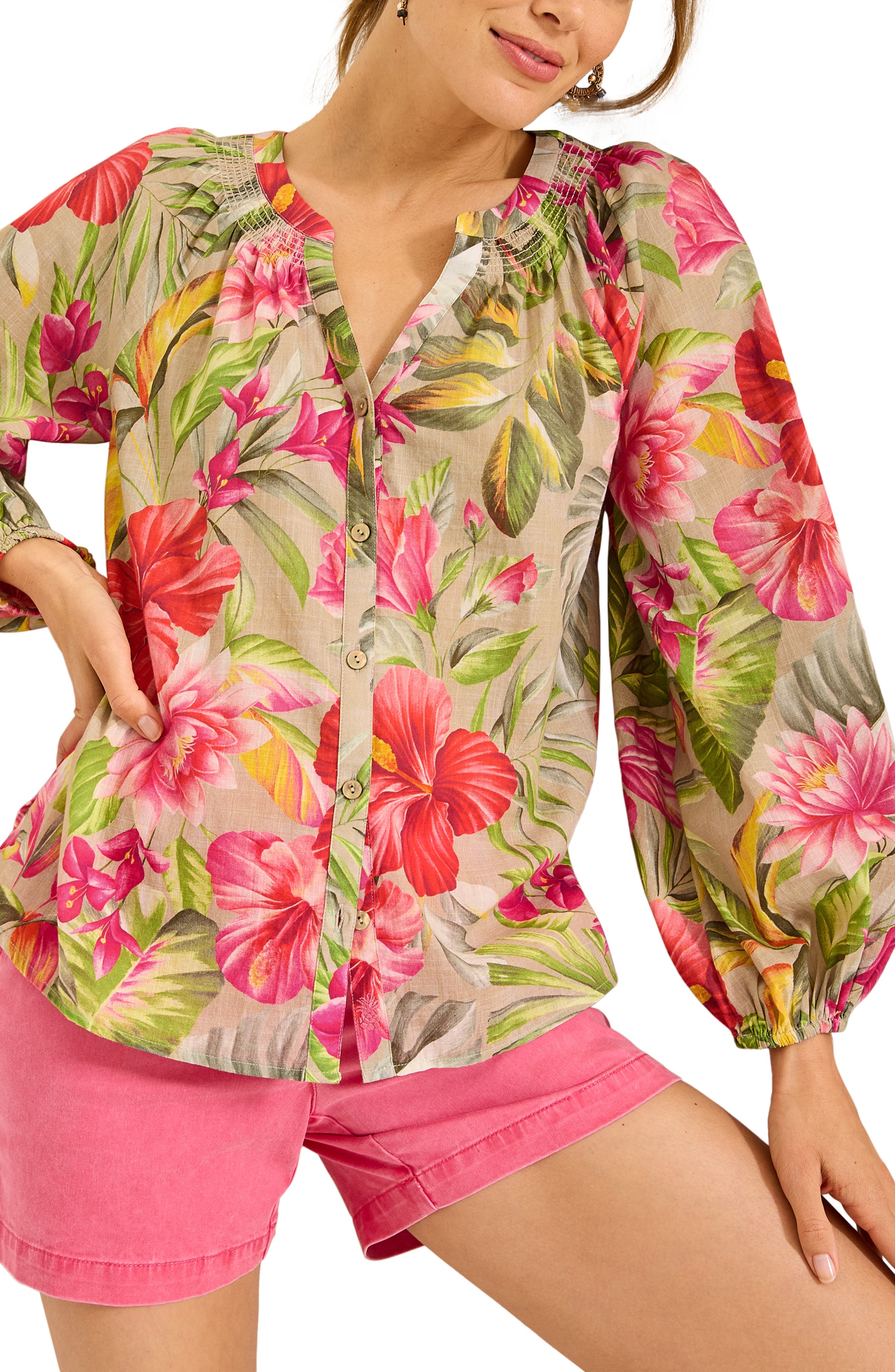 Tommy Bahama La Botanica Floral Cotton Peasant Top