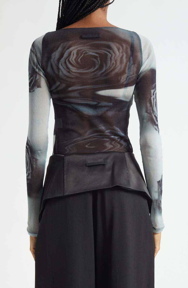Jean Paul Gaultier Rose Sheer Long Sleeve Mesh Top, Alternate, color, White/ Grey/ Black