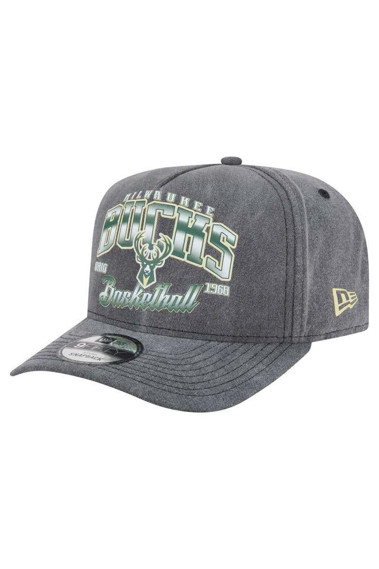 Men's New Era  Charcoal Milwaukee Bucks Throwback Washed Pre-Curved 9FIFTY Snapback Hat, Main, color, Charcoal