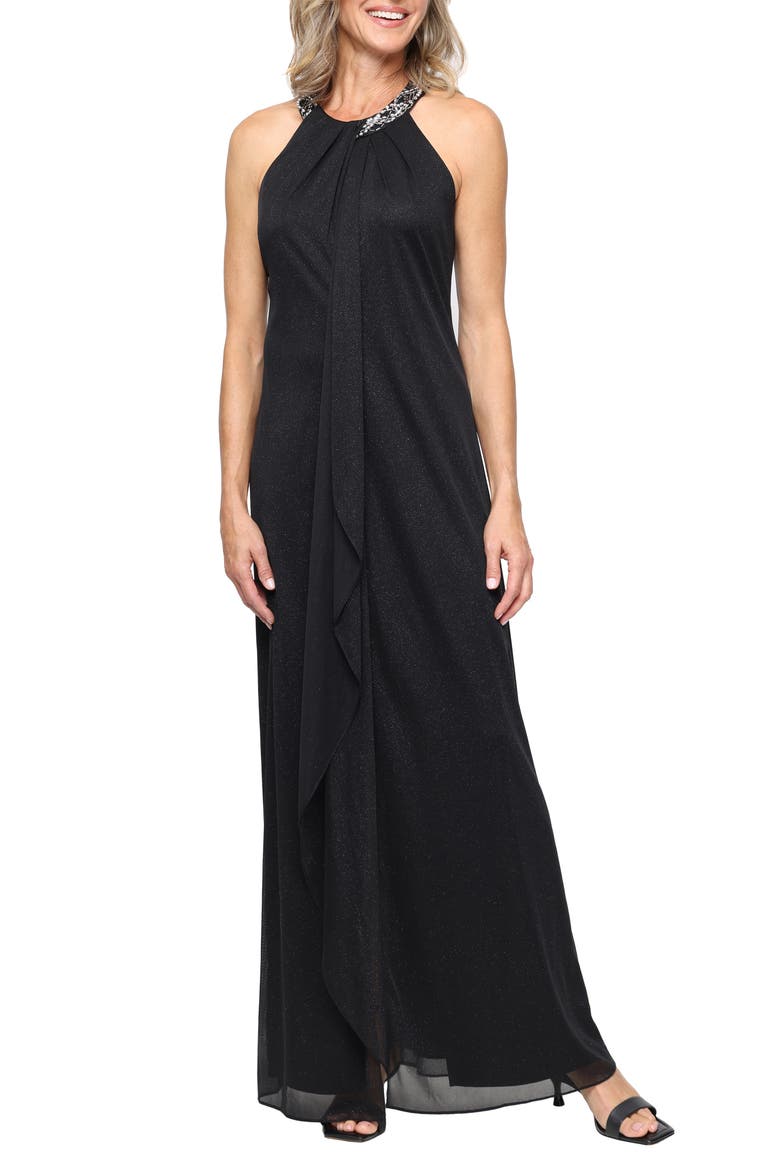 Embellished Halter Neck Sleeveless Glitter Gown, Main, color, BLACK