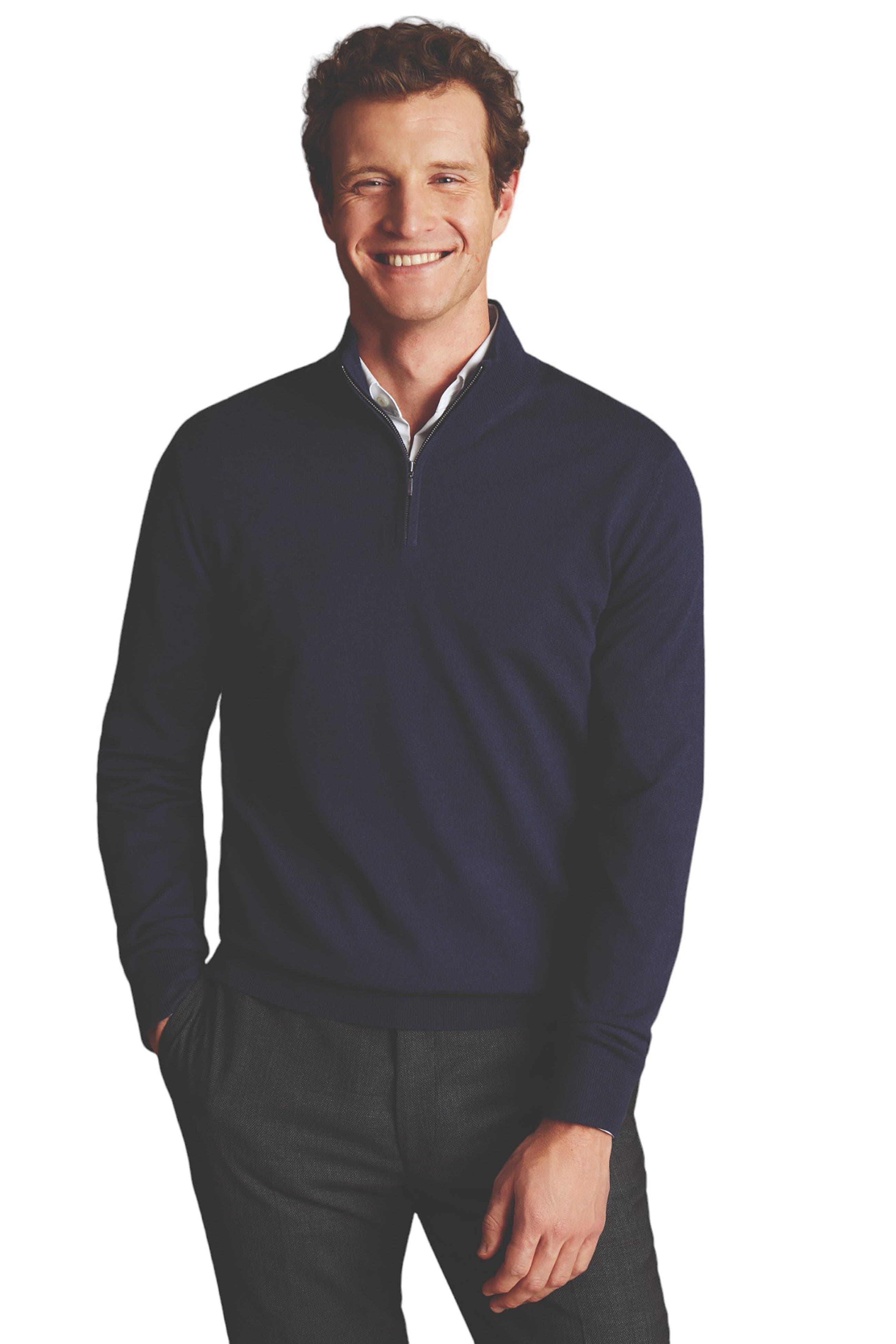 Charles Tyrwhitt Pure Merino Zip Neck Sweater in Navy 