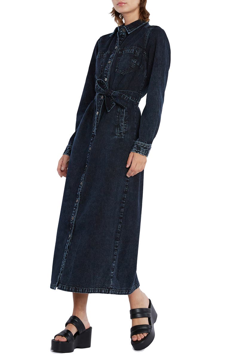 Wash Lab Denim Tie Waist Long Sleeve Denim Maxi Shirtdress, Alternate, color, Slate Blue
