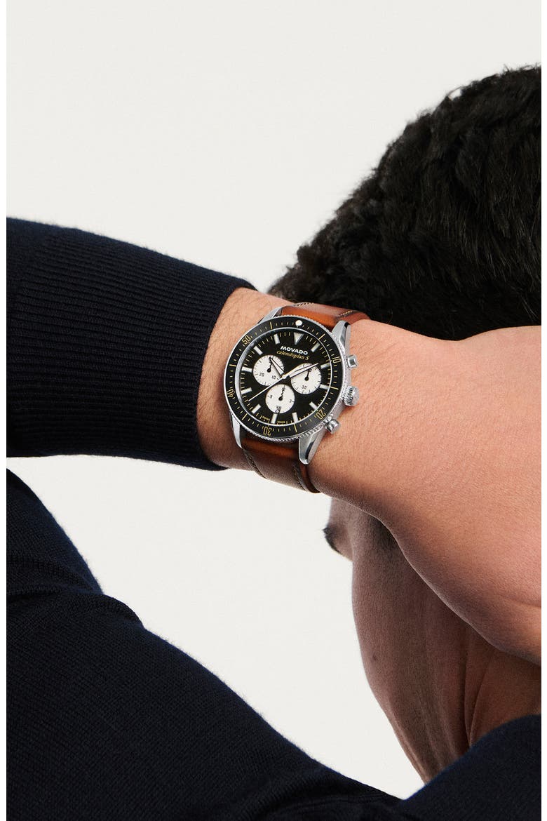 Calendoplan S Chronograph Leather Strap Watch, 42mm, Alternate, color, BLACK