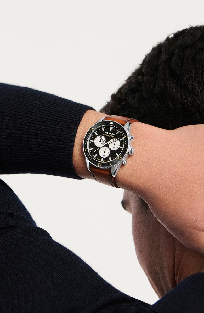 Movado Calendoplan S Chronograph Leather Strap Watch, 42mm, Alternate, color, 