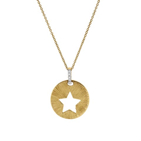 Astrid Star Diamond Studded Round Disc Pendant Necklace in 14K Gold