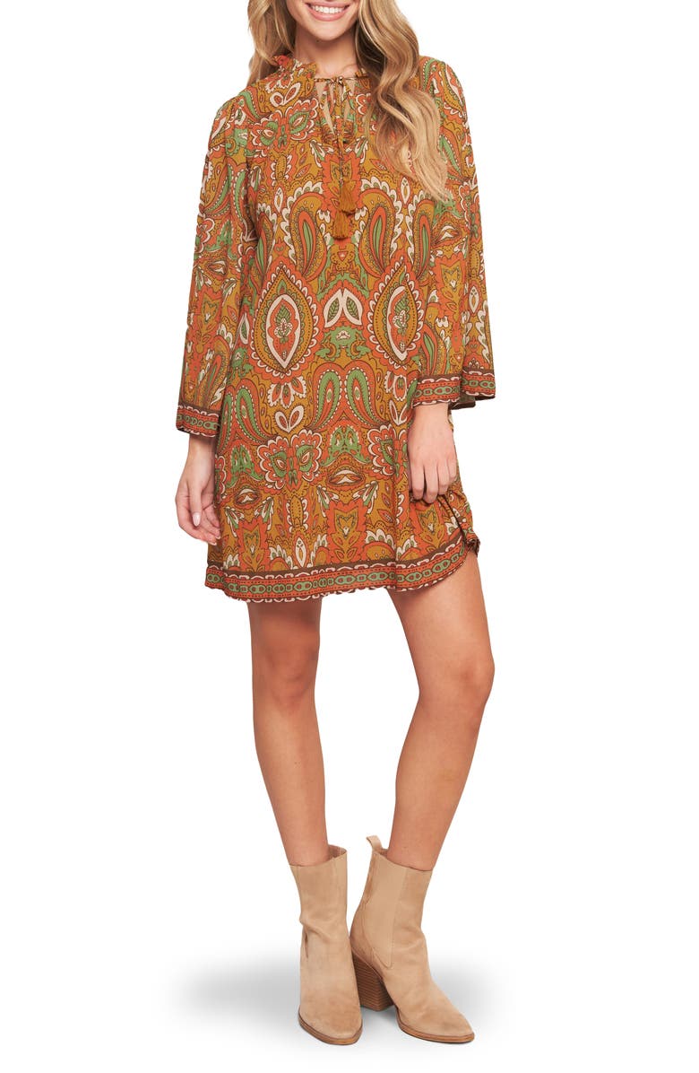 FLYING TOMATO Print Long Sleeve Minidress, Main, color, Camel
