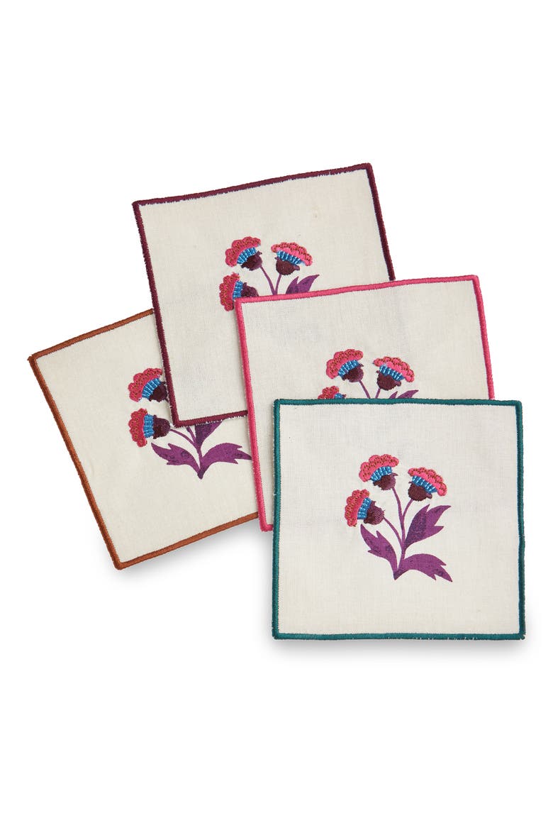 Autumn Bloom Fall Cotton Bar Coaster Set 4 Multi 5x5 in, Main, color, Beige