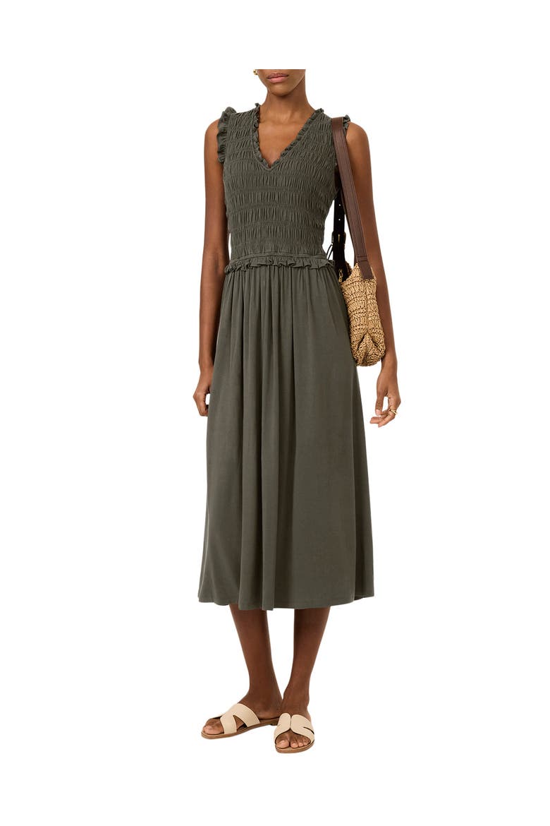Shirred Ruffle Midi Dress, Main, color, Green