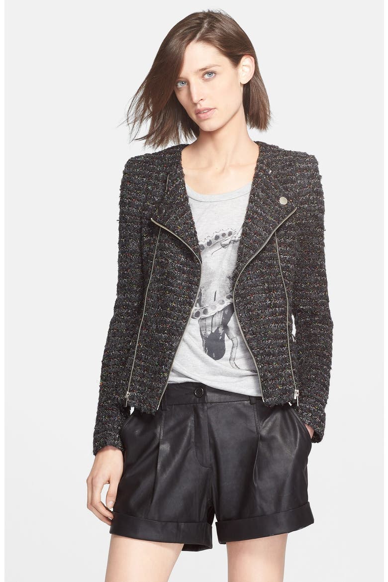 'Carly' Metallic Tweed Moto Jacket, Main, color, CHARCOAL