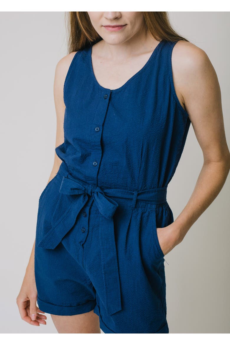 Women's Organic Seersucker Romper, Alternate, color, Navy Seersucker