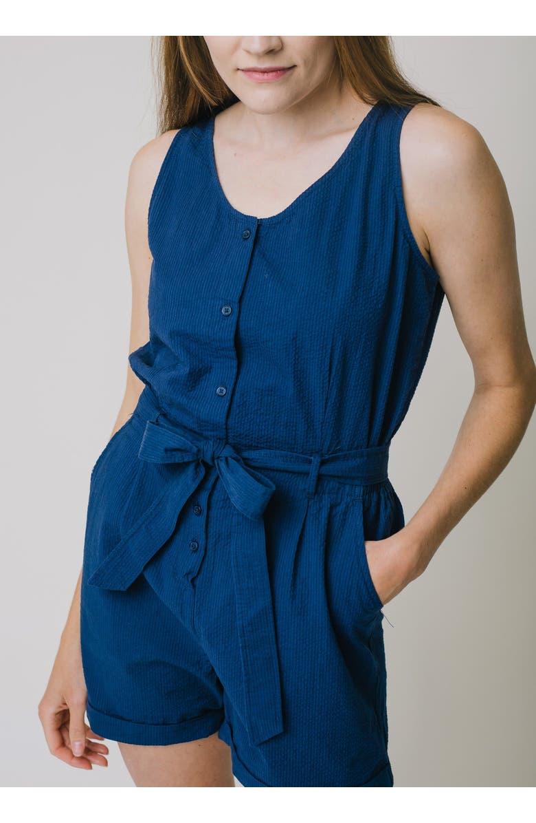 Hope & Henry Women's Organic Seersucker Romper, Alternate, color, Navy Seersucker