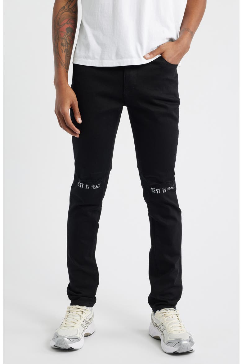 Bryant Ripped Skinny Jeans, Main, color, BLACK REST IN PEACE
