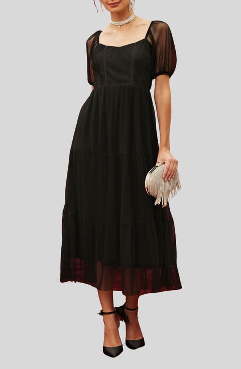 Organza Puff Sleeve Tiered Midi Dress