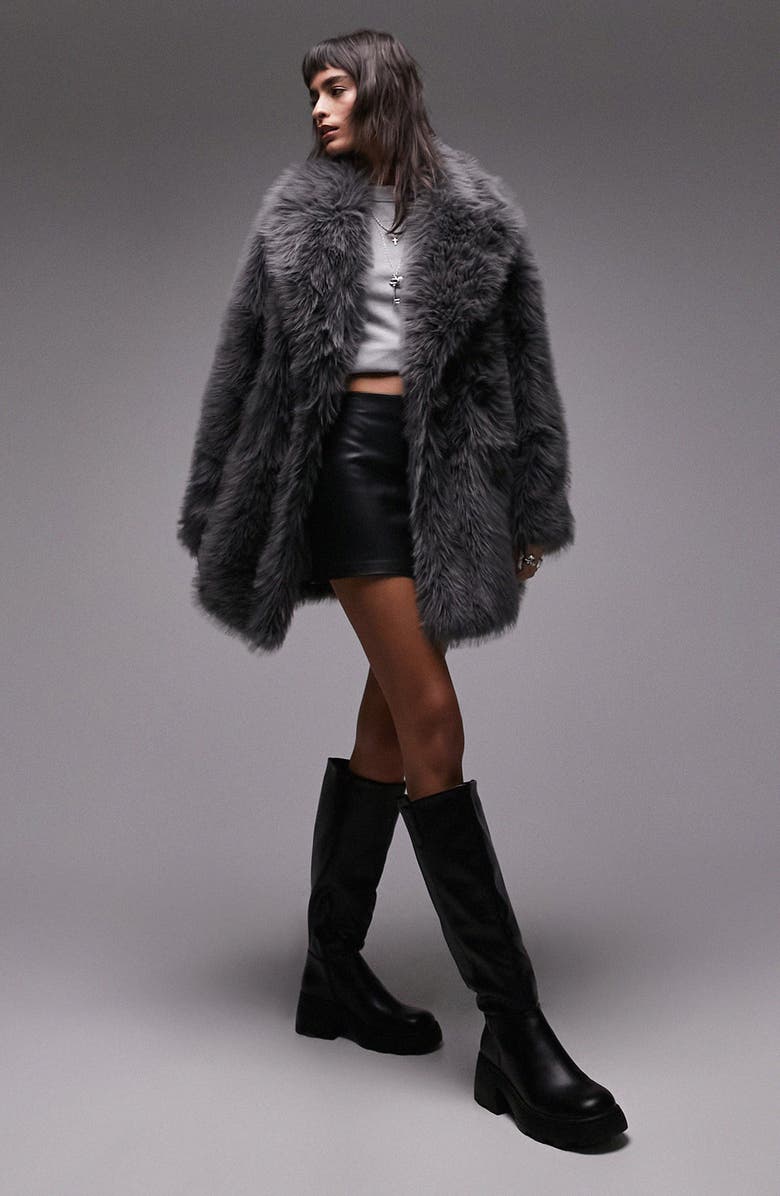 Topshop Mid Length Faux Fur Coat, Main, color,