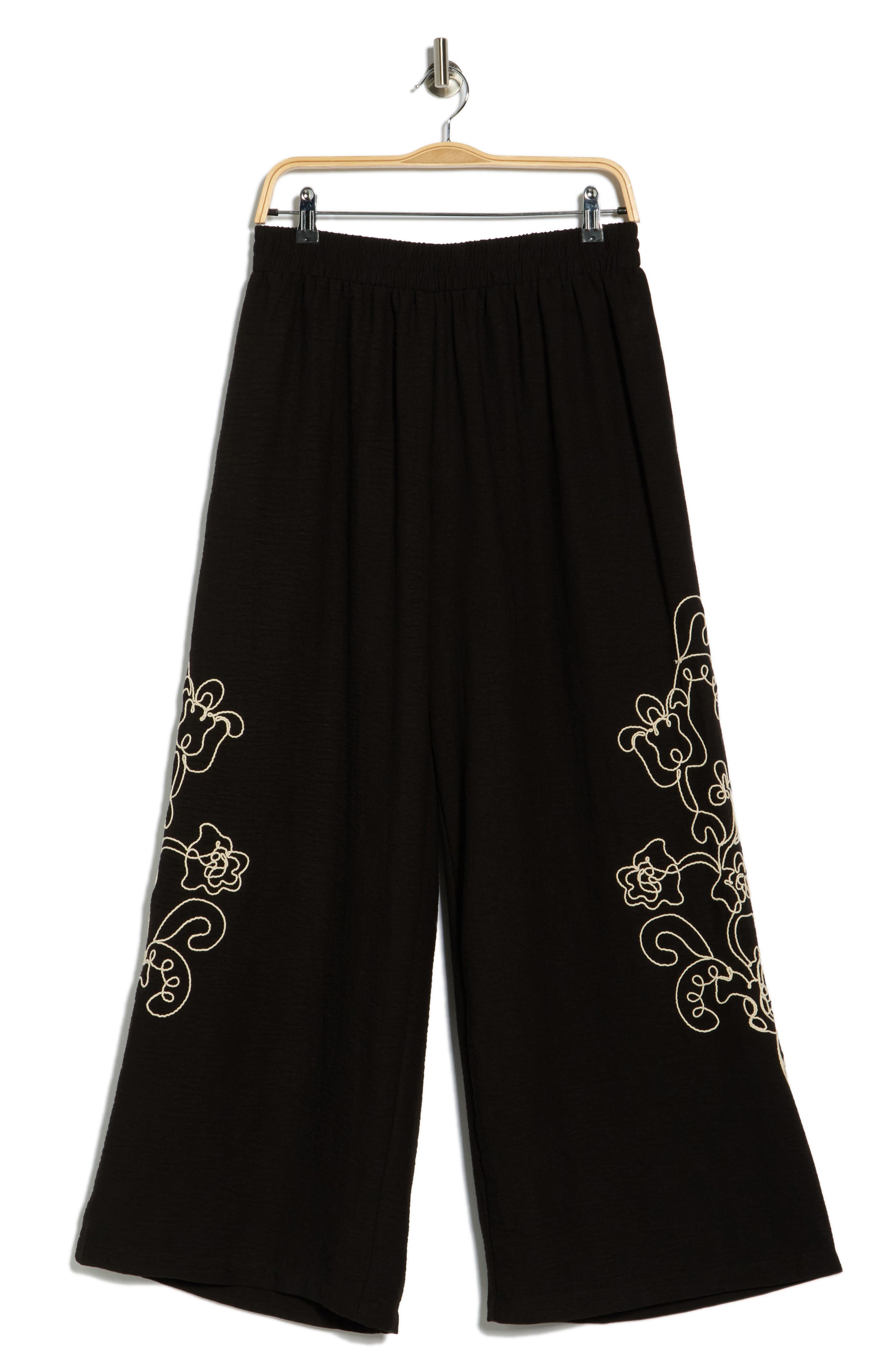 Floral Embroidered Wide Leg Pull-On Pants