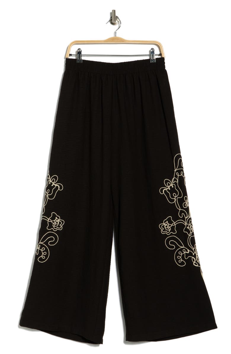 Adrianna Papell Floral Embroidered Wide Leg Pull-On Pants, Alternate, color, Black/ Cream