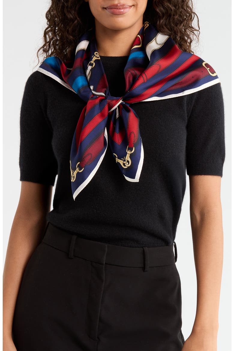 Multi Belt Print Silk Square Scarf, Main, color, NAVY MULTI