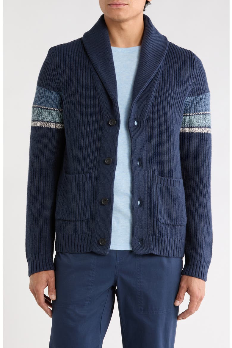 Varsity Shawl Collar Cotton Blend Cardigan, Main, color, NAVY