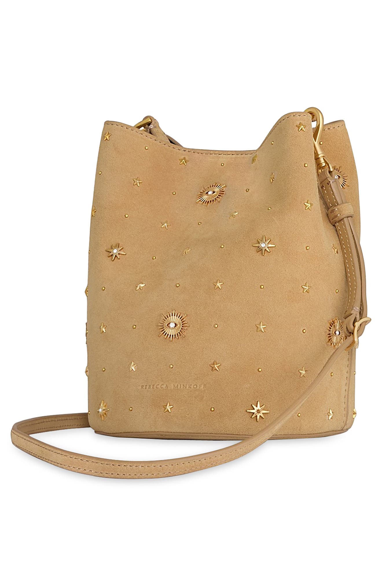 Rebecca Minkoff Evil Eye Studded Leather Bucket Bag, Alternate, color, Sesame