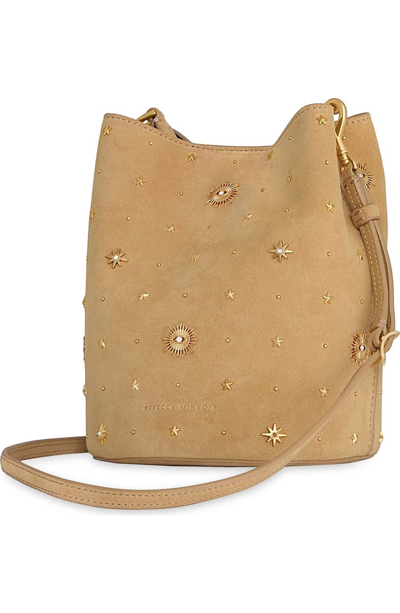 Rebecca Minkoff Evil Eye Studded Leather Bucket Bag, Alternate, color, Sesame