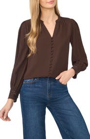 CeCe Lace Cuffed Button-Front Top