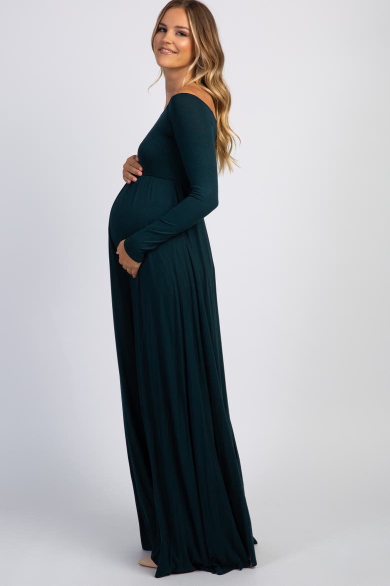 Ivory Solid Off Shoulder Maxi Dress, Alternate, color, Forest Green