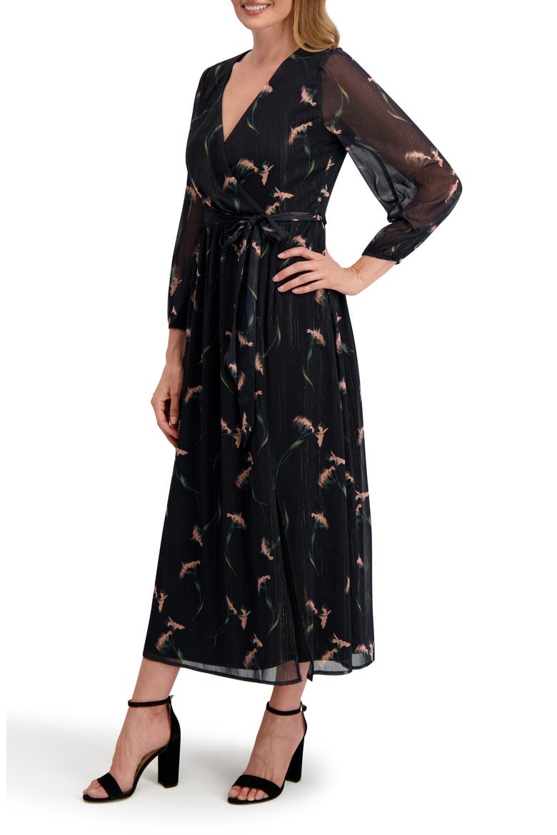 Maya Floral Long Sleeve Faux Wrap Chiffon Dress, Alternate, color, BLACK/ PINK