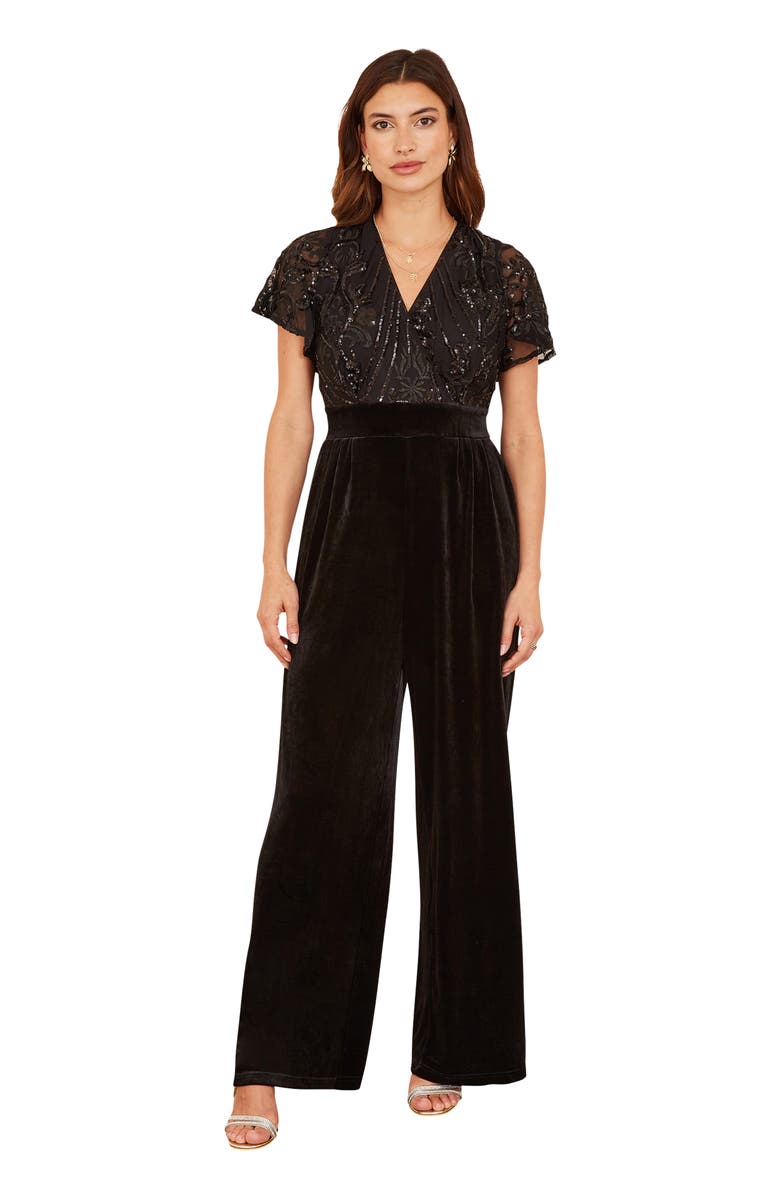 Yumi Wrap Sequin Embellished Velvet Jumpsuit, Main, color, Black