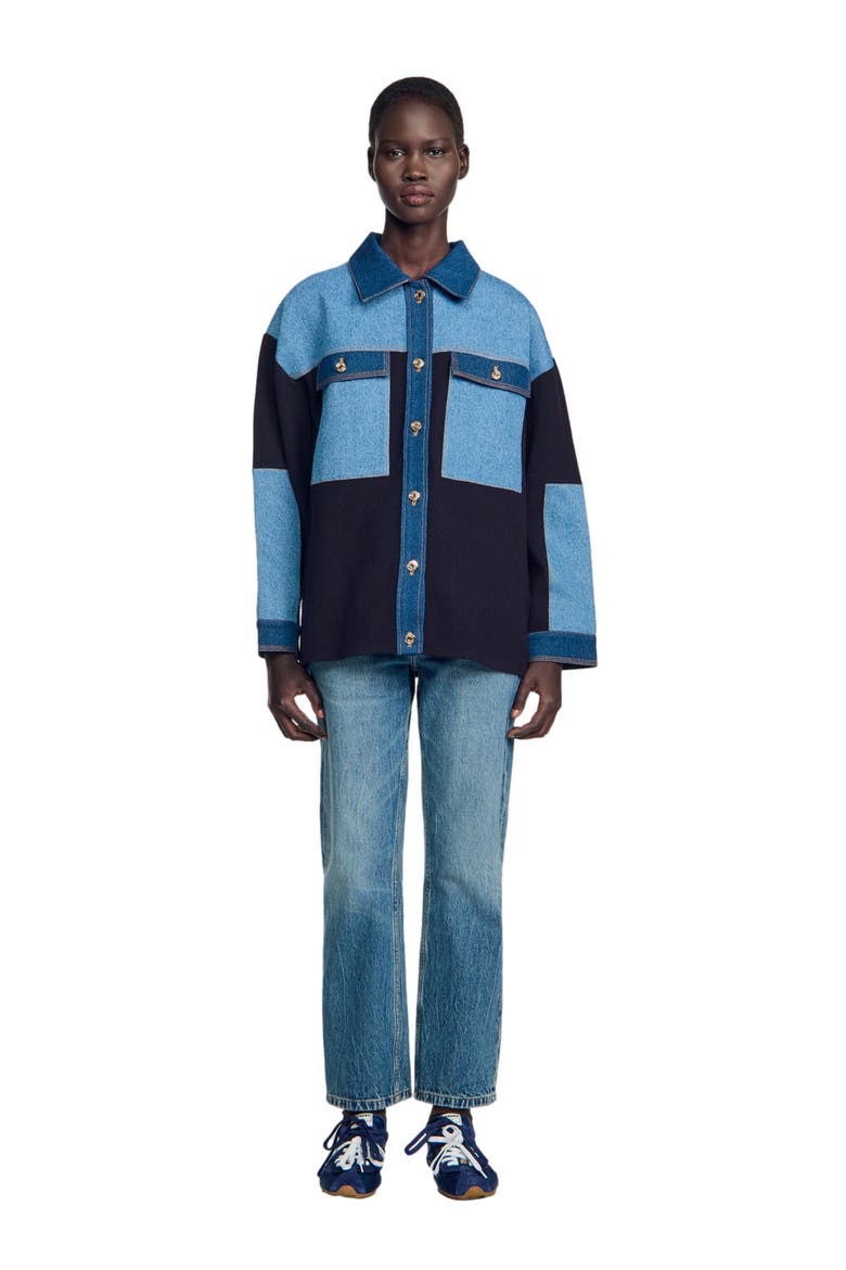 Oversized denim mix cardigan, Main, color, Blue