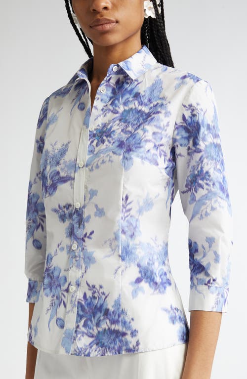 Carolina Herrera Blur Floral Button-down Icon Blouse In Ivory/blue