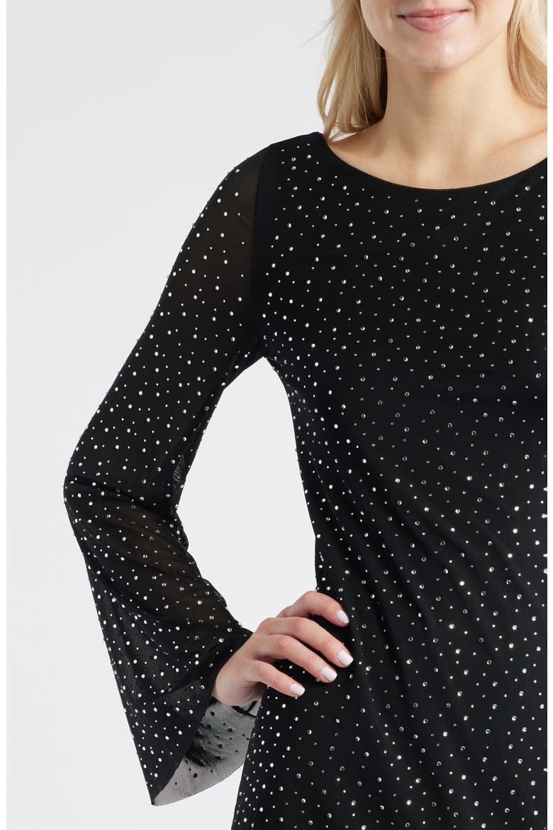 Embellished Bell Sleeve Mesh Minidress, Alternate, color, BLACK